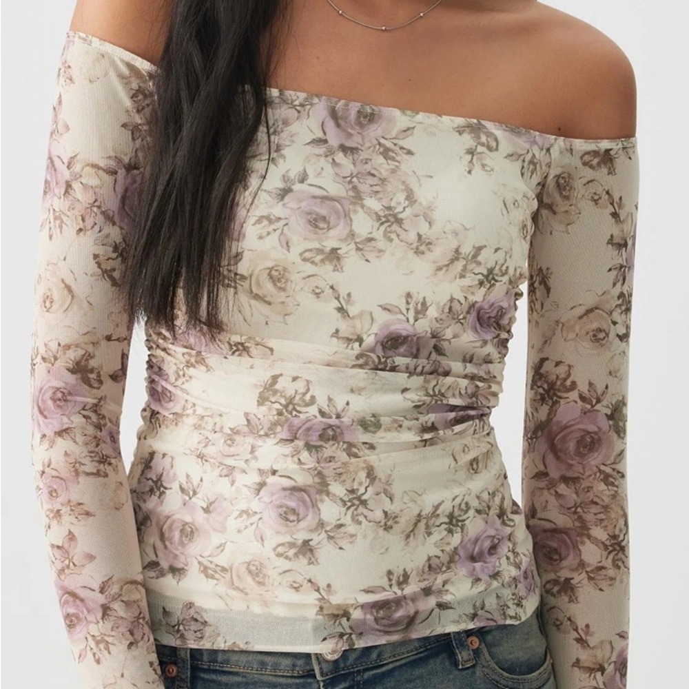 Ardene Lavender Floral off the shoulder Long-Sleeve Blouse Stretch XL - Picture 3 of 7